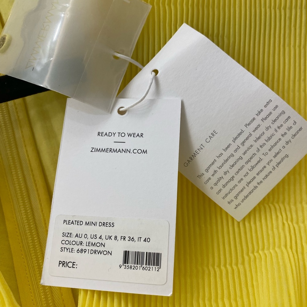 BRAND NEW WITH TAGS Zimmermann yellow pleated dress. Zimmermann size 0 US size 4 - Picture 5 of 5